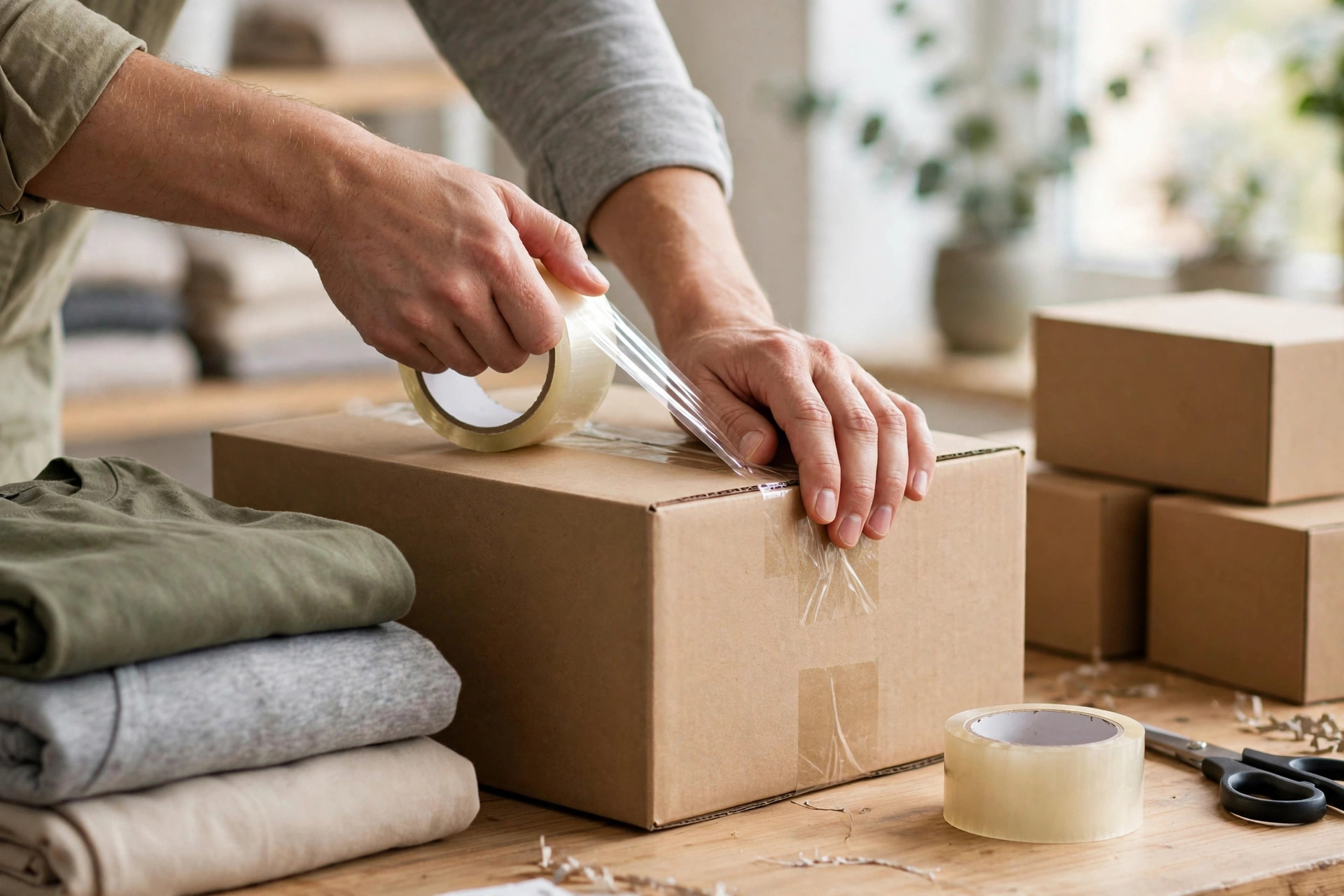 Hands sealing a parcel on a packing bench, with folded products waiting beside it
